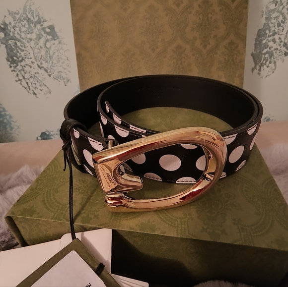 New Gucci G-buckle thin leather belt memorable buckle Black White Sz 105 / 42